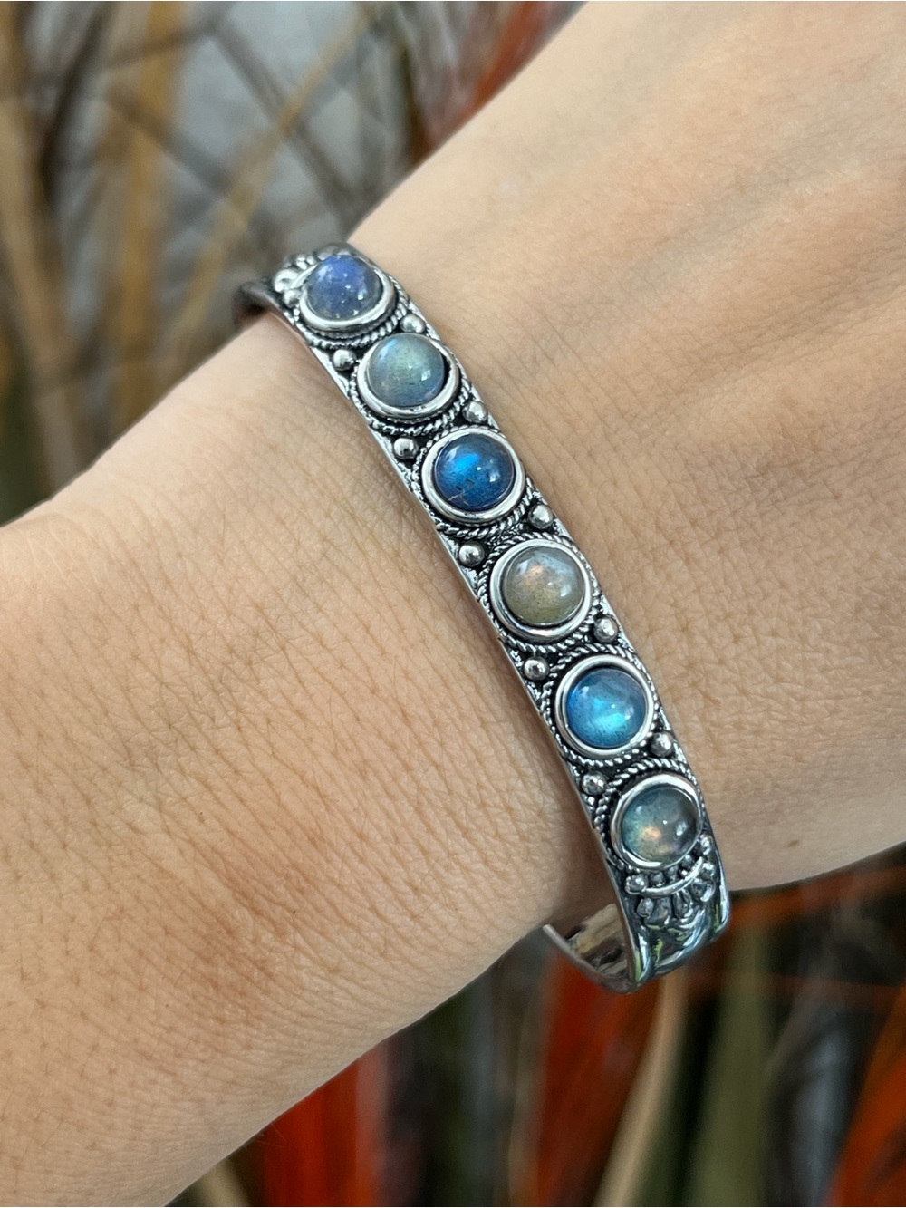 S925 Silver 6 pieces of natural stones moon stones cuff Bracelet